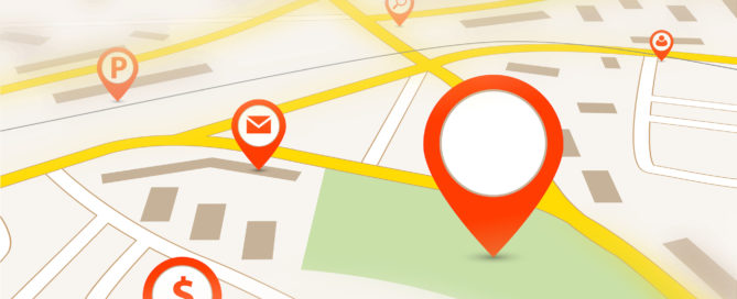 Navigation map with red empty pin pointer and tilt-shift effect